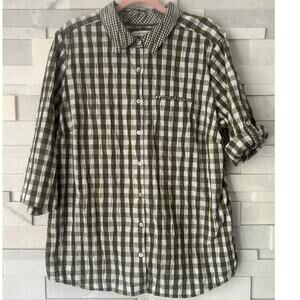 FOXCROFT Mary Crinkle Button Front Gingham Combo 3/4 Sleeve Top Olive White 16W
